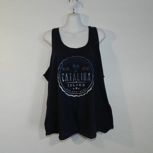 Catalina Island sun and surf distressed emblem loose fit tank top, navy blue